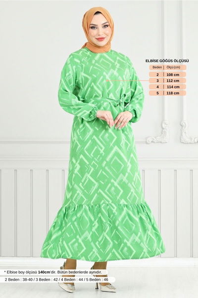 MRV O.Z.R. - Patterned Belted Viscose Dress 821OZR1047-M Green - 353098