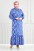 Patterned Belted Viscose Dress 821OZR1047-M Indigo - Thumbnail