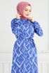 Patterned Belted Viscose Dress 821OZR1047-M Indigo - Thumbnail