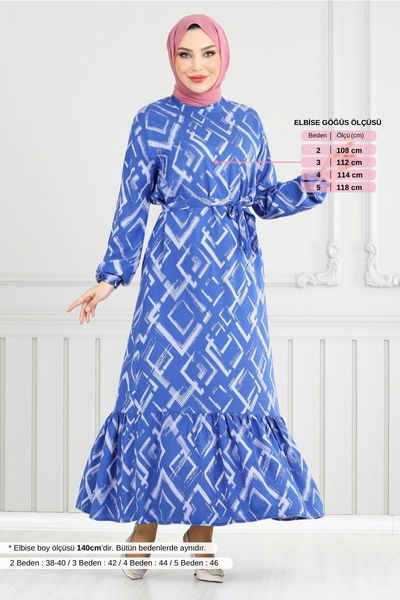 MRV O.Z.R. - Patterned Belted Viscose Dress 821OZR1047-M Indigo - 353101