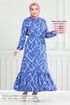 Patterned Belted Viscose Dress 821OZR1047-M Indigo - Thumbnail