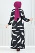 Patterned Viscose Dress 800OZR1047-M Black - Thumbnail