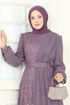 Payet Detaylı Şifon Abiye 2819ELC1143-MS Koyu Lila - Thumbnail