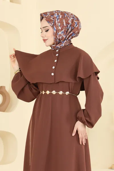 A.R.T. - Pelerin Detaylı Dabıl Elbise 875ART1138-MS Koyu Taba - 423206