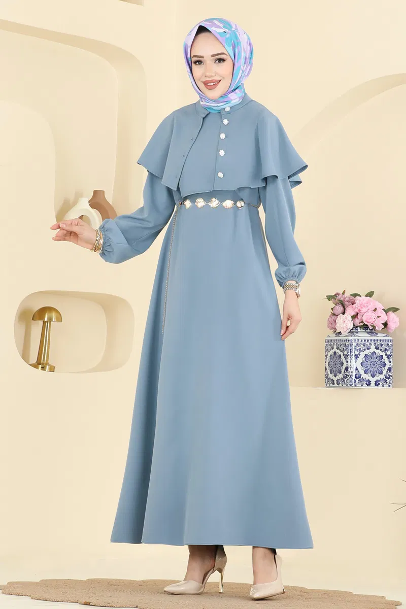 Pelerin Detaylı Dabıl Elbise 875ART1138-MS Mavi