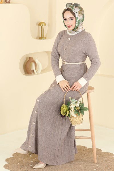 M.T. - Pile Detaylı Triko Elbise 1357MT581-MS Koyu Vizyon