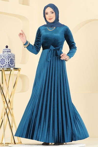 M.E.Y. - Pilise Detaylı Kadife Elbise 2047MEY846-MS Petrol - 395994