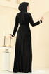 Pilise Detaylı Kadife Elbise 2047MEY846-MS Siyah - Thumbnail