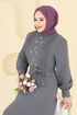 Pilise Detaylı Krep Elbise 309ASN888-MS Gri - Thumbnail
