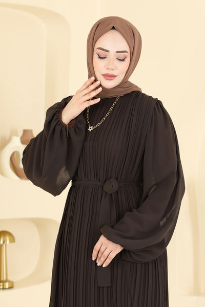 E.D.F. - Piliseli Kuşaklı Şifon Abiye 5751EDF311-MS Kahve - 426621