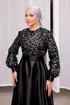Pul Detaylı Saten Abiye 2537ASMK1074-MS Siyah&Gümüş - Thumbnail