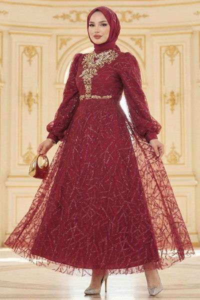 E.D.F. - Pul Detaylı Tül Abiye 5738EDF311-MS Bordo