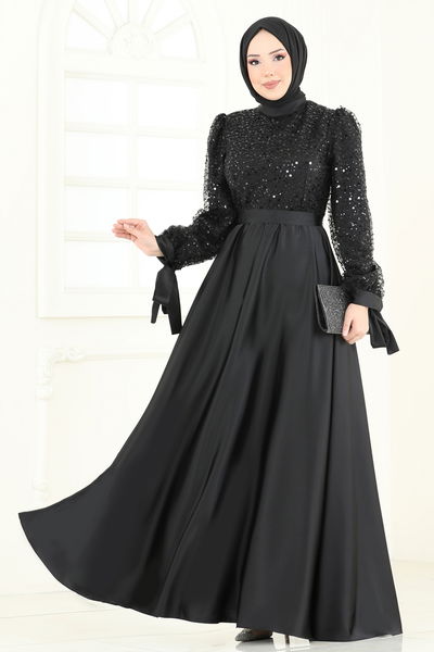 E.D.F. - Pul İşlemeli Saten Abiye 5670EDF311-MS Siyah - 363780