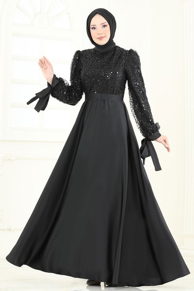 E.D.F. - Pul İşlemeli Saten Abiye 5670EDF311-MS Siyah - 363782