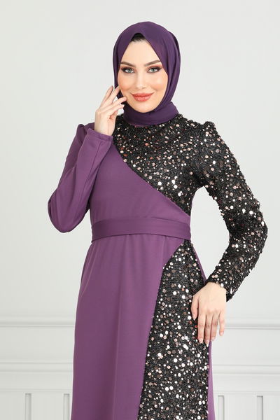 A.S.M.K. - Pul Payet Detay Abiye Elbise 2777ASMK1074-MS Koyu Lila - 390922