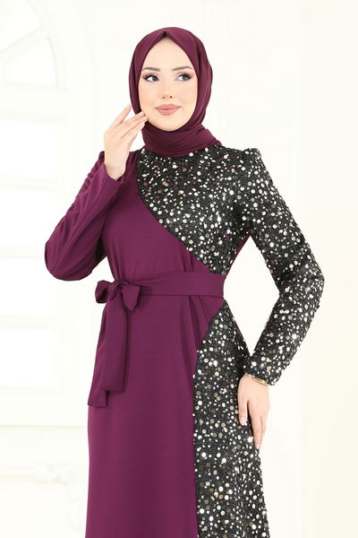 A.S.M.K. - Pul Payet Detay Abiye Elbise 2808ASMK1074-MS Mor - 382658