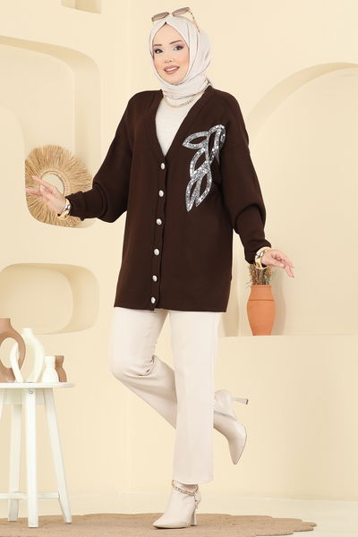 U.Z. - Pul Payet Detaylı Hırka 2502UZ662-MS Gümüş&Kahve - 415416