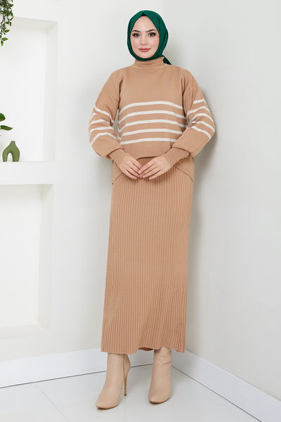 MRV U.Z. - Rayé Hijab Robe 9014UZ1029-M Café au Lait - 346320