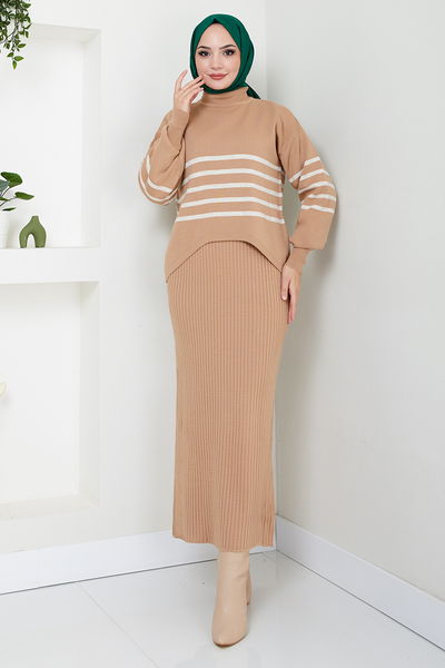 MRV U.Z. - Rayé Hijab Robe 9014UZ1029-M Café au Lait - 346321