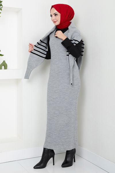MRV U.Z. - Rayé Hijab Robe 9014UZ1029-M Gris - 346310