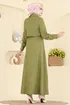Rüzgarlık Detaylı Keten Elbise 3307BLU797-MS Yağ Yeşili - Thumbnail