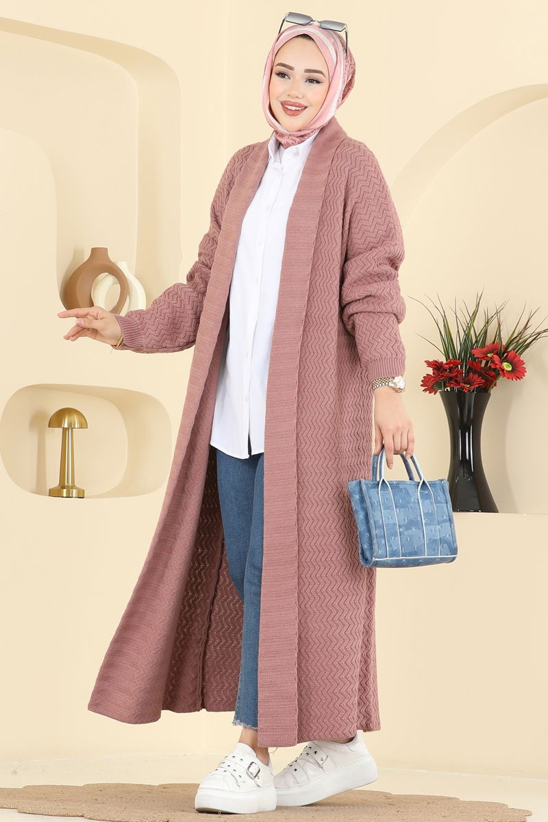 Şal Yaka Uzun Hırka 4470BRZ597-MS Gül Kurusu