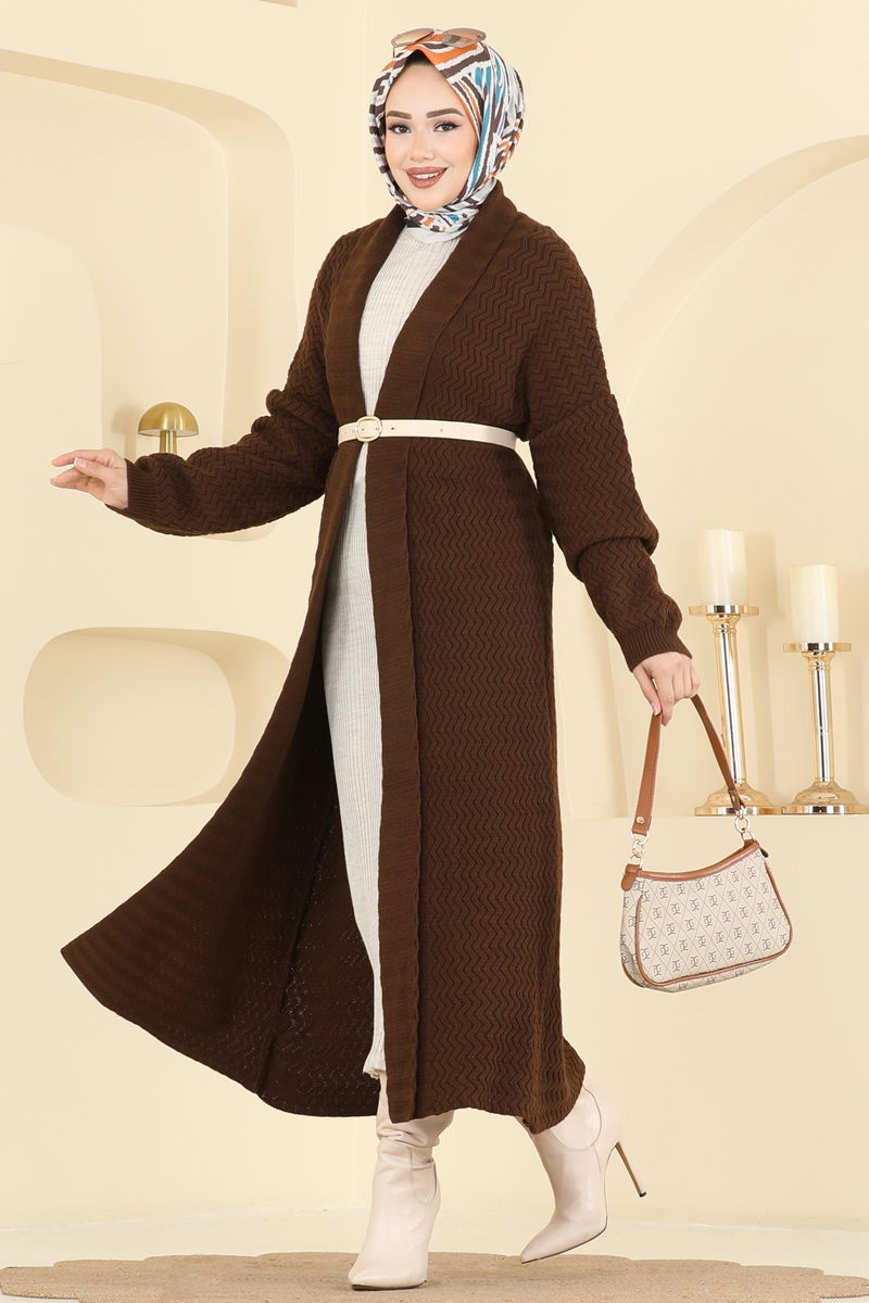 Şal Yaka Uzun Hırka 4470BRZ597-MS Kahve