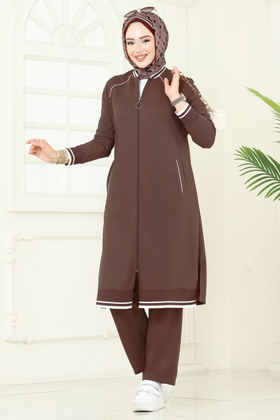 P.L.K. - Şerit Detay Tesettür Takım 9161PLK541-MS Kahve - 386433