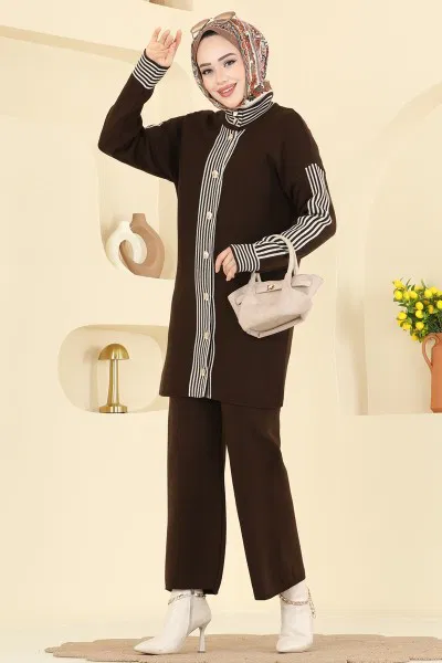 K.L.B. - Şerit Detaylı Triko Takım 0690KLB1050-MS Kahve