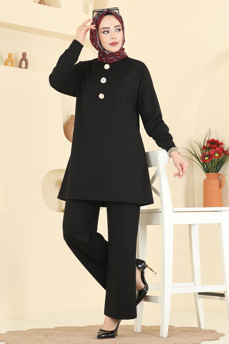 Şık Düğmeli Modal Takım 2787AYD574-MS Siyah
