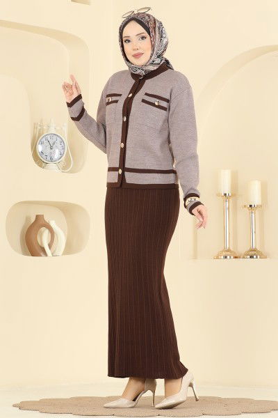 M.T. - Şık Hırkalı Triko Takım 1355MT581-MS Kahve&Koyu vizyon