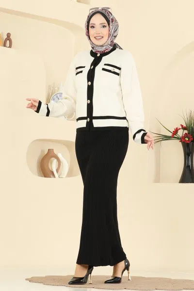 M.T. - Şık Hırkalı Triko Takım 1355MT581-MS Siyah&Ekru