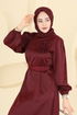 Şık Kemerli Saten Abiye 6138ORG1169-MS Bordo - Thumbnail