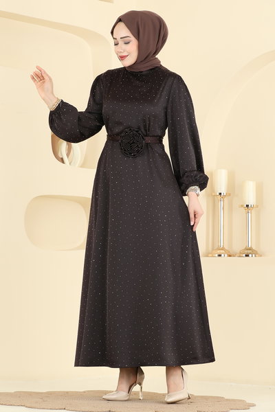 O.R.G. - Şık Kemerli Saten Abiye 6138ORG1169-MS Kahve - 425317