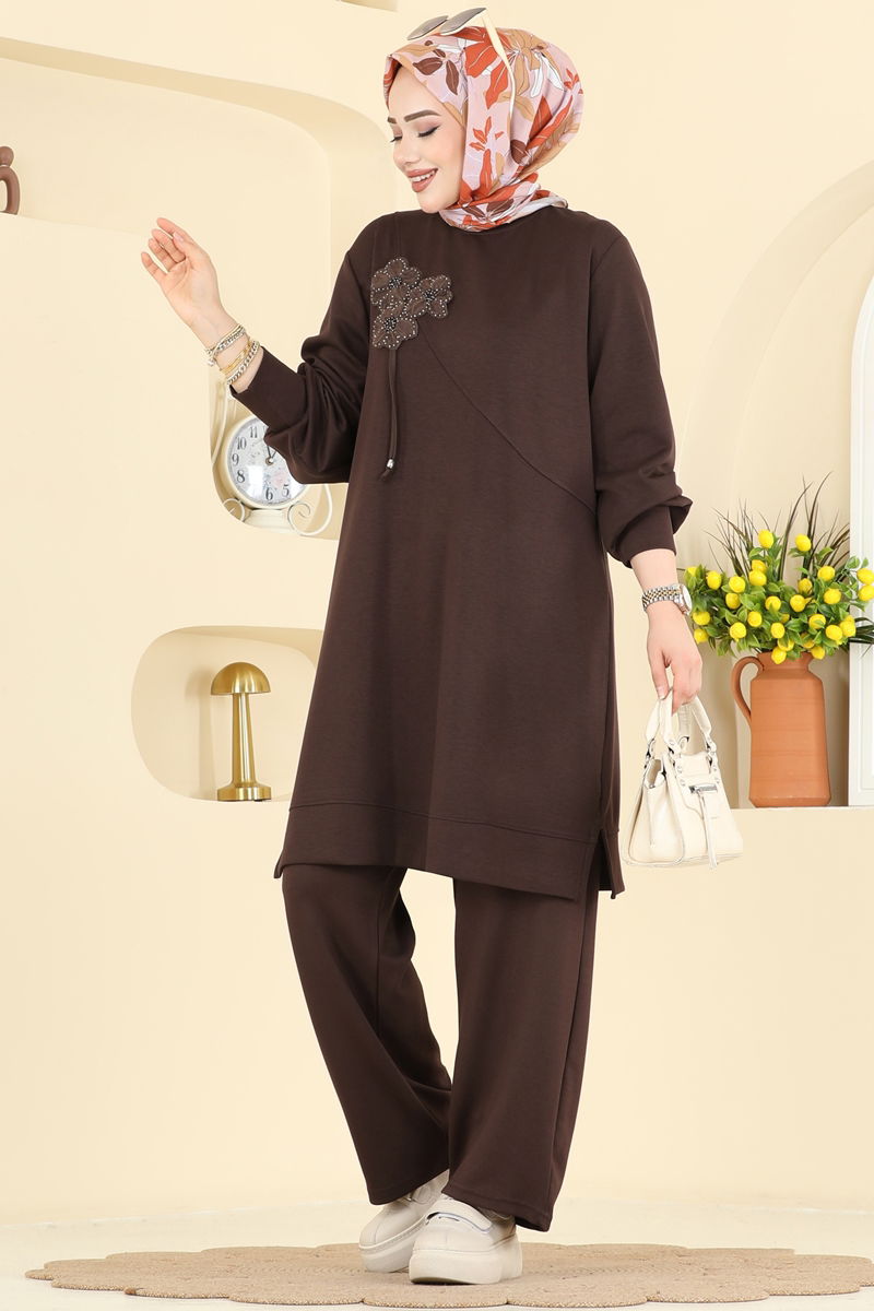 Şık Nakışlı İkili Takım 2606TPK1167-MS Kahve