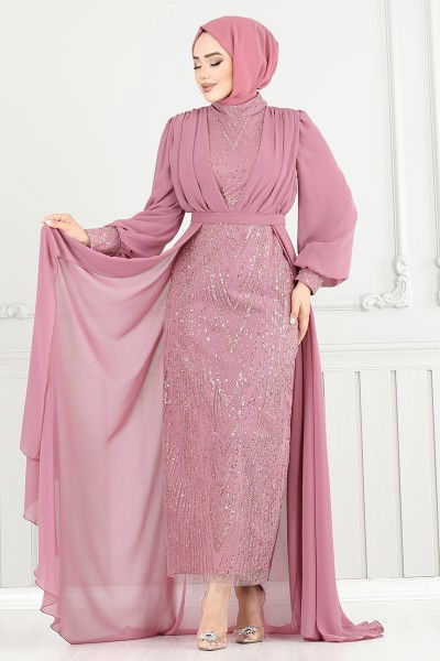 MRV Y.G.S. - Sim Detay Pelerinli Abiye 4026YGS898-M Pudra