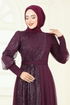 Simli Tül Tesettür Abiye 2457ELC1143-MS Mürdüm - Thumbnail