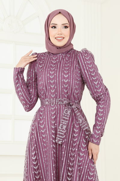 E.D.F. - Simli Tül Tesettür Abiye 5688EDF311-MS Koyu Gül Kurusu - 364081