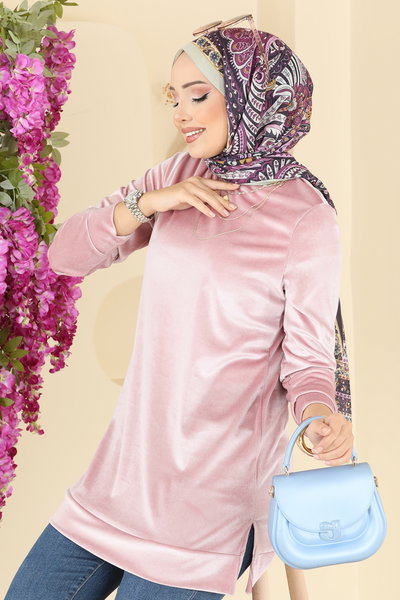 A.S.M. - Sırttan Düğmeli Kadife Tunik ASM2833-MS Pudra - 409914