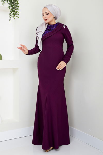 ASM - Stone Detailed Evening dress ASM2708 Damson - 340994
