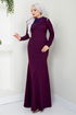 Stone Detailed Evening dress ASM2708 Damson - Thumbnail