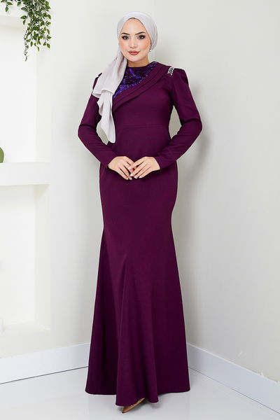 ASM - Stone Detailed Evening dress ASM2708 Damson - 340995