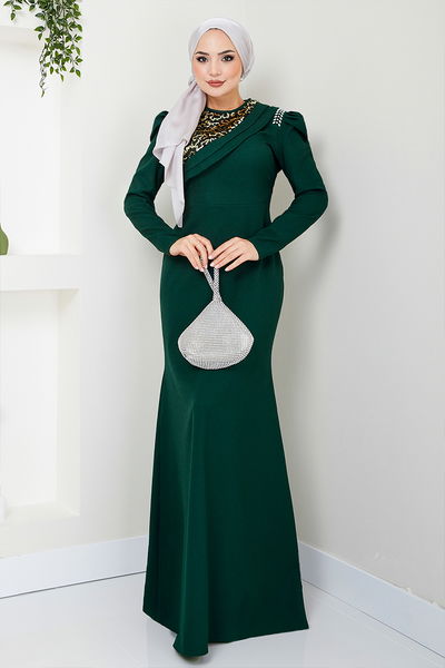 ASM - Stone Detailed Evening dress ASM2708 Emerald - 340997