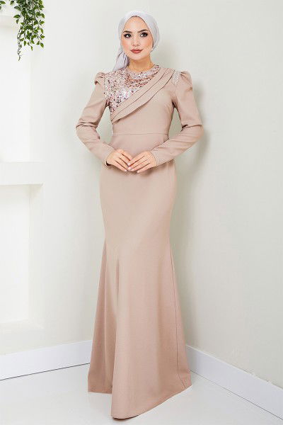 ASM - Stone Detailed Evening dress ASM2708 Mink