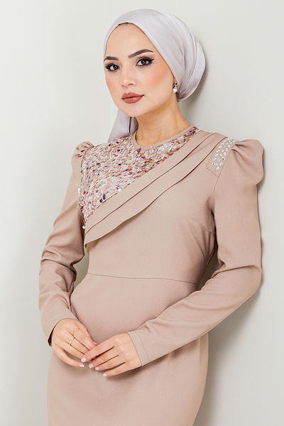 ASM - Stone Detailed Evening dress ASM2708 Mink - 341002