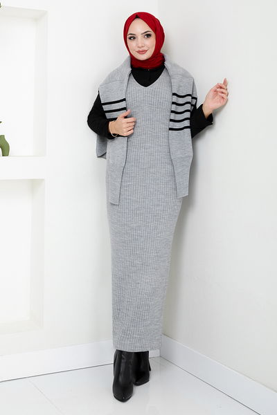 MRV U.Z. - Striped Hijab Dress 9014UZ1029-M Grey - 346311