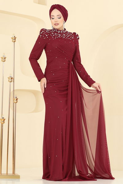 D.M.N. - SUAL Drape Detay Taşlı Şık Abiye 5430D170-MS Bordo - 409987