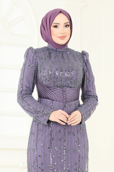 D.M.N. - SUAL Drapeli İşlemeli Abiye 4929D170-MS Koyu Lila - 360586