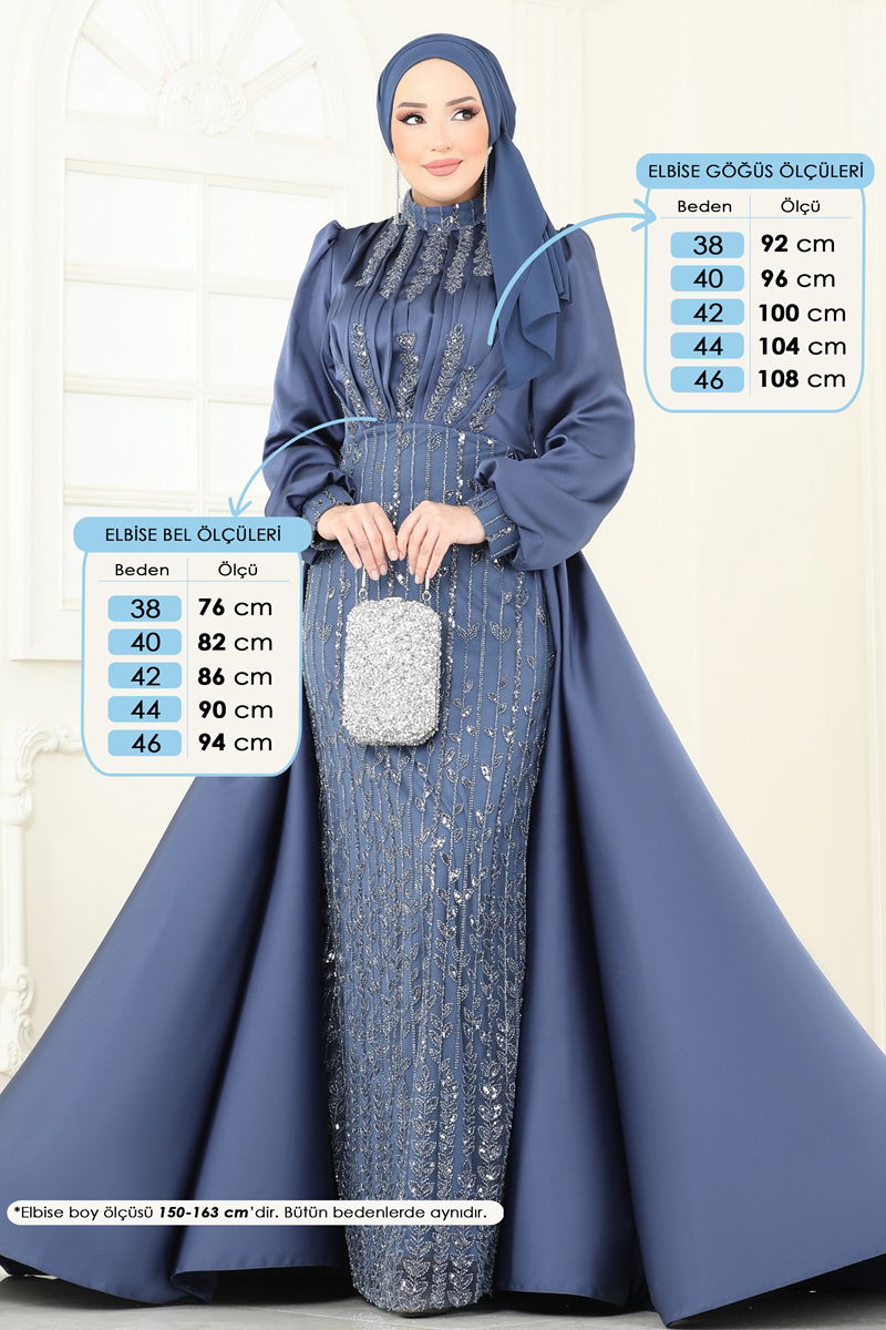 SUAL Drapeli Pelerin Abiye 4928D170-MS İndigo