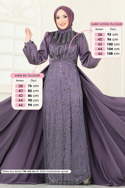 D.M.N. - SUAL Drapeli Pelerin Abiye 4928D170-MS Koyu Lila - 360608